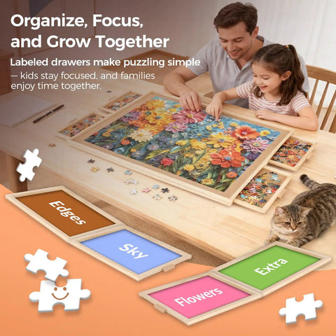 Father and daughter using Dope Rotating Puzzle Board With Four Drawers And Cover 1500 Piece Portable Wooden Jigsaw Puzzle Table