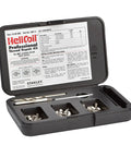 Open case showing Front And Rear 1/4-20 UNC MRO Thread Repair Kit With Tap Installation Tool Replacement Inserts And Full Instructions