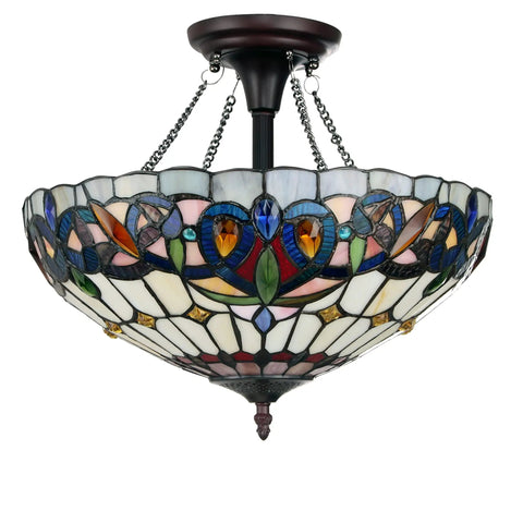 Serenity Tiffany-Style Dark Bronze 2 Light Semi-Flush Ceiling Fixture 16 Inch Wide with handcrafted stained glass beads.