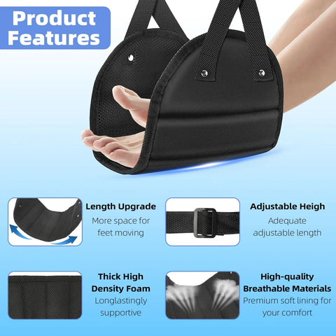 Hand holding adjustable memory foam airplane foot hammock rest for long flights, showing product features and benefits.