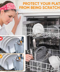 150 Pcs Dishwasher Rack Prong Repair Caps Anti Slip End Tips For Tines, woman using dishwasher with PVC protectors, gray finish