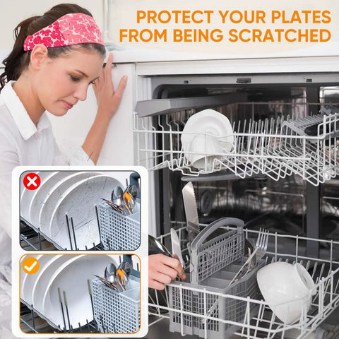150 Pcs Dishwasher Rack Prong Repair Caps Anti Slip End Tips For Tines, woman using dishwasher with PVC protectors, gray finish