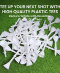 Unbreakable Plastic Golf Tees 3 1/4 Inch Long You Can Really Count On, 50/100 Pack scattered on grass with a golf ball