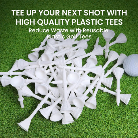Unbreakable Plastic Golf Tees 3 1/4 Inch Long You Can Really Count On, 50/100 Pack scattered on grass with a golf ball