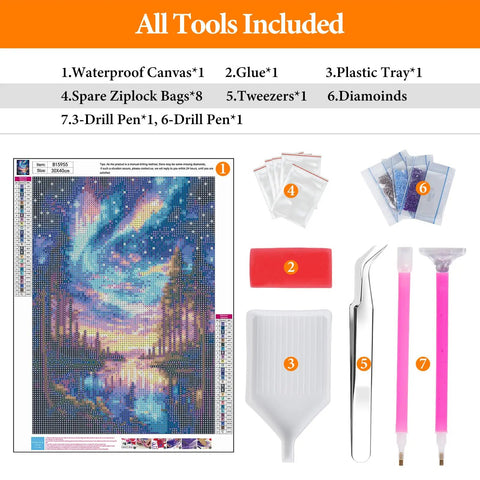 Starry Sky 5D Diamond Art Kit For Adults, Dope Aurora Lake Diamond Painting Set For Beginners, Full Drill Gem Art 12x16 Inch with tools