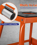 Close-up of orange heavy duty center stand for dirt bikes and powersports, showing rust-resistant 3-layers coating and non-slip pad.