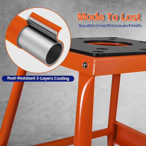 Close-up of orange heavy duty center stand for dirt bikes and powersports, showing rust-resistant 3-layers coating and non-slip pad.