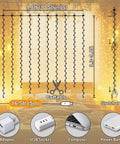 Warm White Curtain Lights For Bedroom 300 LEDs 9.8Ft x 9.8Ft with 16 Hooks, showcasing cuttable and USB power features.