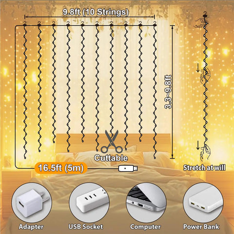 Warm White Curtain Lights For Bedroom 300 LEDs 9.8Ft x 9.8Ft with 16 Hooks, showcasing cuttable and USB power features.