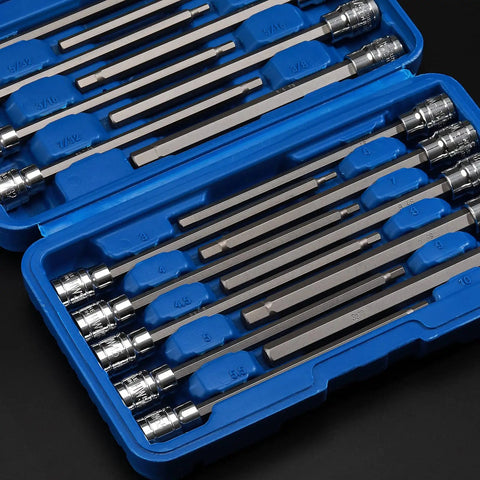 Long Three Eighths Inch Drive Hex Bit Socket Set With S2 Alloy Bits And CR V Sockets SAE And Metric Mix Eighteen Piece Kit
