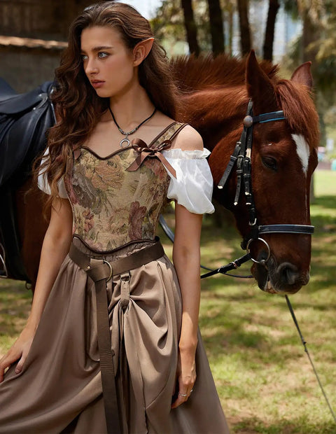 Badass Medieval Leather Belt For Renaissance Cosplay And Hella Cool Pirate Viking Props Featuring Embossed Buckle with elegant dress by horse.