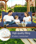 Family sitting on Extra Thick 5 Inch Waterproof Porch Swing Cushions For 60 Inch Three Seater Outdoor Swing with Backrest Ties Navy Blue