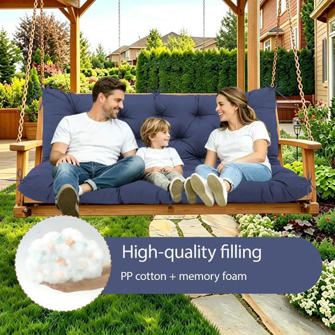Family sitting on Extra Thick 5 Inch Waterproof Porch Swing Cushions For 60 Inch Three Seater Outdoor Swing with Backrest Ties Navy Blue
