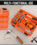 Open view of Double Sided 34 Compartment Parts Organizer With Removable Dividers 2 Pack Heavy Duty Storage Case with tools