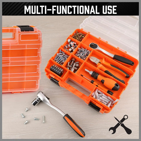 Open view of Double Sided 34 Compartment Parts Organizer With Removable Dividers 2 Pack Heavy Duty Storage Case with tools