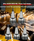 Five Piece ISO30 ER32 45L Balance Chuck Tool Holder Set For CNC Milling Lathe Engraving Machine with sparks in background