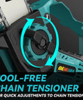 Close-up of tool-free chain tensioner on Two In One Cordless Mini Chainsaw With 800W Brushless Motor, 8 Inch And 6 Inch Cutting Bars