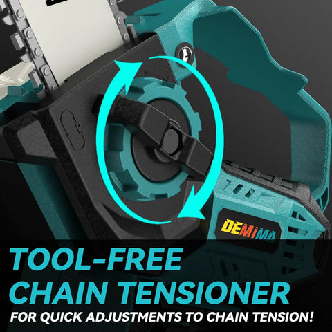 Close-up of tool-free chain tensioner on Two In One Cordless Mini Chainsaw With 800W Brushless Motor, 8 Inch And 6 Inch Cutting Bars