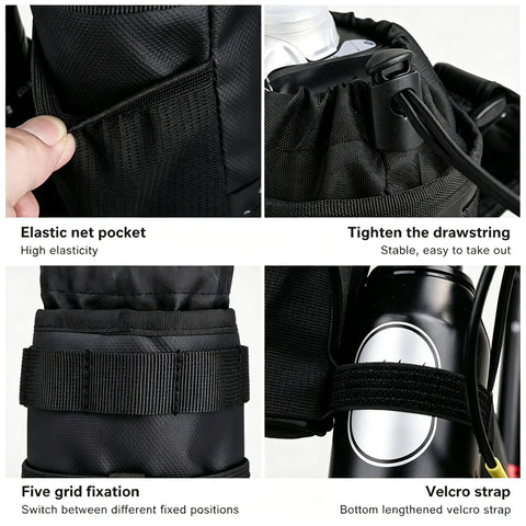 Rock Solid Insulated Bike Cup Holder For Epic E-Bike Offroad MTB Rides Keeps Your Drink Ice Cold Or Scalding Hot With Thick Foam Protection During Wild Adventures And Camp Tours Leak Proof Gear, black nylon with drawstring and velcro strap