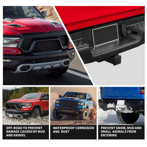 Collage of RAM 1500 Towing Hook Cover with Custom Fit for 2019 to 2025 Paired with a 2 Inch Trailer Hitch Receiver Cover on trucks