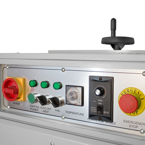 Control panel of Commercial Heat Shrink Tunnel Packaging Machine Heavy Duty All Metal Frame with temperature and speed settings.