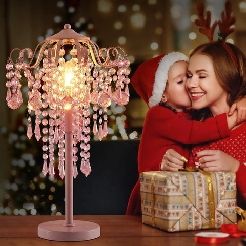 Festive scene with Dope Modern Table Lamp With Chrome Metal And Clear Crystal Shade, perfect for a cozy bedroom or office setting.