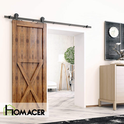 Black Rustic Non Bypass Sliding Barn Door Hardware Kit For One Door Six Foot Flat Track T Style Rollers installed inside
