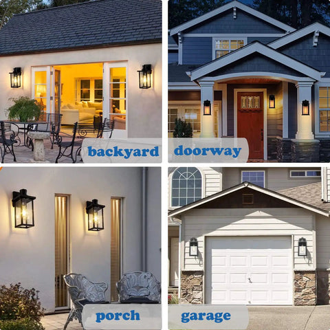 Porch Lights With GFCI Outlet, Dusk To Dawn Motion Sensor Outdoor Lighting shown on backyard, doorway, porch, and garage.