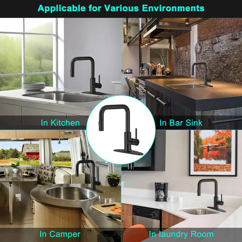 Matte Black Kitchen Faucet With Pull Out Sprayer in kitchen, bar, camper, and laundry room settings