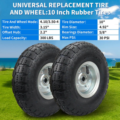 Two Pack 10 Inch Pneumatic Wheel Set With 4.10/3.50-4 Tire And 5/8 Inch Bearings, 2.2 Inch Offset Hub For Garden Cart Hand Truck Lawn Cart Mower Replacement Wheels Heavy Duty