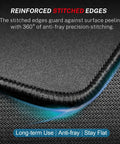 Close-up of reinforced stitched edges on black mouse pad from Three Pack Mouse Pads Eight Point Five By Eleven Inches Black With Non Slip Rubber Base Anti Fray Edges Waterproof Surface Perfect For Gaming And Office Desk Setup For Home And Office Use Great For Gaming And Work From Home, highlighting waterproof surface.