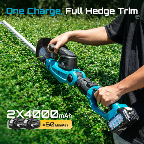 Person using Pole And Cordless Hedge Trimmer 2-In-1 Electric Bush Trimmer With 20 Inch Dual-Action Blade on green hedge