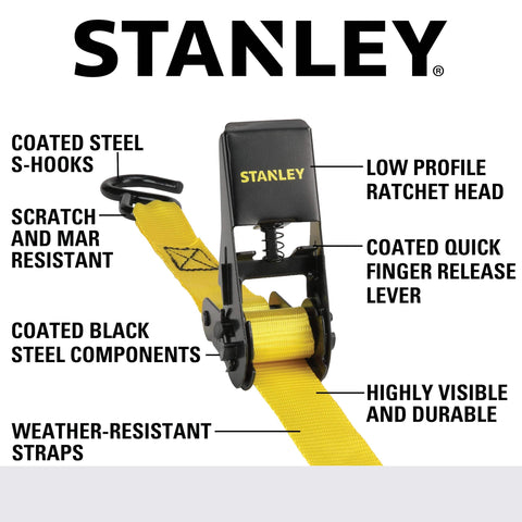 1 Inch Wide Ratchet Straps 10 Feet Go To Light Cargo Tie Down Straps With 300 Lb Working Load And 900 Lb Break Strength Black Yellow 4 Pack Featuring Reinforced Edging Vinyl Coated S Hooks Rust Resistant Non Marring