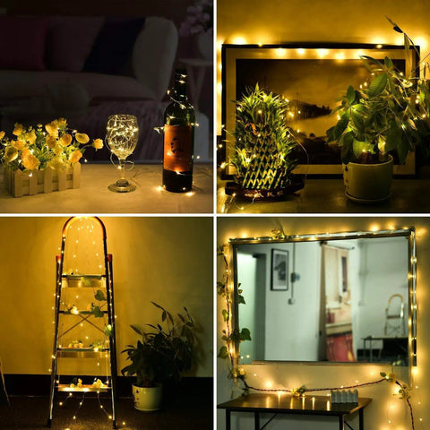 Battery Operated Fairy String Lights 10 Feet With 30 Warm White LEDs illuminating indoor decor and plants in various settings.