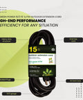 Beefy 15 Foot Outdoor Extension Cord 16/3 SJTW Black Weatherproof Contractor Grade Power Lead For Tools And Gear Moisture Resistant Abrasion Resistant Sunlight Durable coiled with packaging highlighting features like kink-free and molded plugs