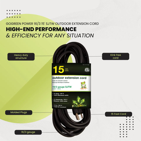 Beefy 15 Foot Outdoor Extension Cord 16/3 SJTW Black Weatherproof Contractor Grade Power Lead For Tools And Gear Moisture Resistant Abrasion Resistant Sunlight Durable coiled with packaging highlighting features like kink-free and molded plugs