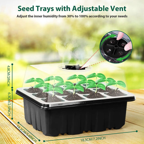 Seed Starter Tray Kit With 60 Cells, Humidity Dome And Base showcasing adjustable vent for optimal germination conditions.