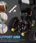 Close-up of the support arm and motor of the Sturdy Electric Stair Climbing Cart With Heavy Duty Handle For Moving Furniture And Appliances Fast Folding Design Great For Home Or Warehouse Jobs.
