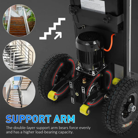 Close-up of the support arm and motor of the Sturdy Electric Stair Climbing Cart With Heavy Duty Handle For Moving Furniture And Appliances Fast Folding Design Great For Home Or Warehouse Jobs.