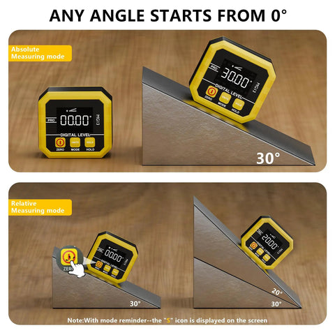 Heavy Duty Digital Angle Finder Magnetic Inclinometer With Fast USB Charging Built For Pros And Weekend Warriors Who Demand Flawless Layouts And Easy Electronic Level Use Every Single Time showing absolute and relative measuring modes.