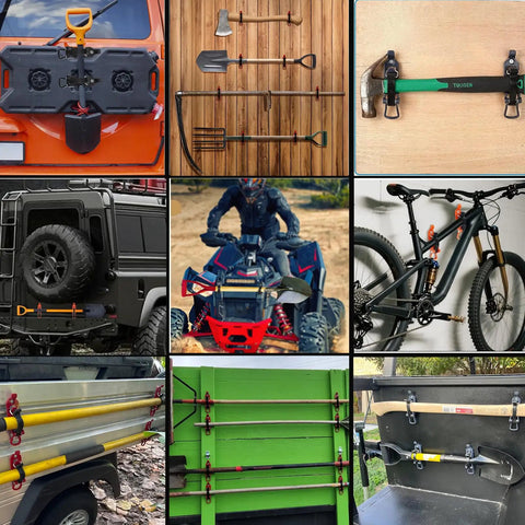 Rugged Metal Rubber Shovel Mount for Roof Rack and Truck Bed holding offroad gear and tools on vehicles and walls