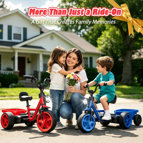 12V Kids Ride On Electric Tricycle With Stable Triangular Frame And Low Center Of Gravity, Adjustable Seat, Wide EVA Wheels, LED Headlight, Removable Storage Basket, Safe Easy Grip Pedals For Young Riders in red and blue