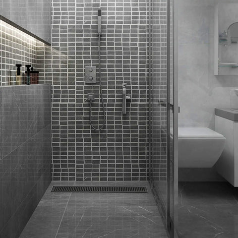 Bathroom with 36 Inch Matte Black Stainless Steel Rectangular Shower Drain With Grid Cover, Adjustable Feet, Hair Strainer