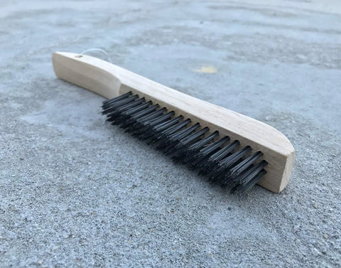 Wooden shoe-handle wire brush with black oil-tempered steel bristles from the Four-Piece Shoe-Handle Wire Scratch Brush Set.