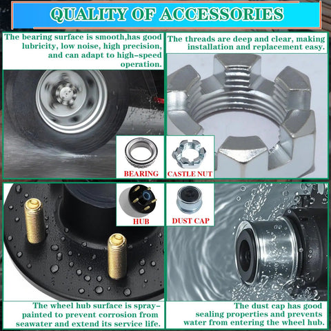 Diagram showing features of Pre Lubed 3500 Lb Trailer Hub Kit For 5 Lug 4.5 Inch Axles Fits 1-1/16 To 1-3/8 Inch 84 Tapered Spindle EZ Lube Design Includes L44649 L68149 Bearings And Grease Seals 2 Sets For Quick Swap
