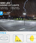 150W LED parking lot lights illuminating a wet, empty parking area at night with 5000K daylight color and 10KV surge protection.