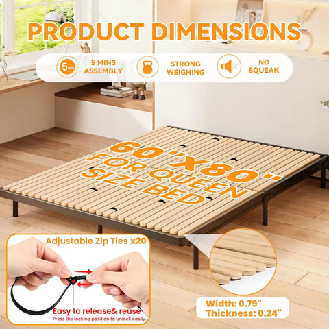 Queen Size Bamboo Bunkie Board Heavy Duty Bed Base Under Mattress, 60x80 inch dimensions with zip ties shown.