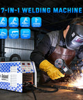 Welder using 7 In 1 Multiprocess Welder System With 130 Amp Output Dual Voltage 120V And 240V Handles MIG Flux Core Stick Lift TIG Aluminum Welding Plasma Cutting And Spool Gun For Garage Projects