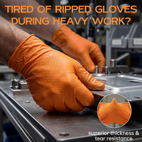 Super Heavy Duty Nitrile Work Gloves 8 Mil Thick Industrial Mechanics Disposable Badass Comfort With Rock Solid Diamond Grip For Auto Repair And Garage Maintenance Tasks X Large Box Of One Thousand worn during heavy work on metal surfaces.
