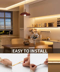 Modern kitchen illuminated with 20 Foot COB LED Strip Light Warm White 3000K with 3087 LEDs High Lumen CRI 90 Plus Ultra Bright Flexible DC 24V Tape for home office DIY lighting, easy installation shown in steps.